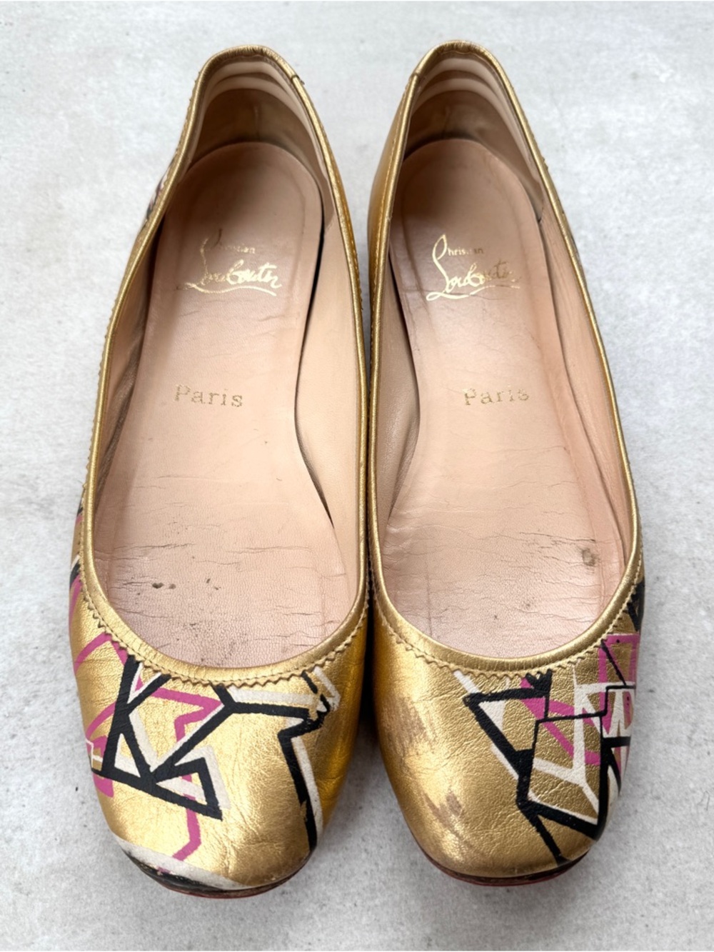 Christian Louboutin Gold Leather Ballet Flats with Pink & Black Accents